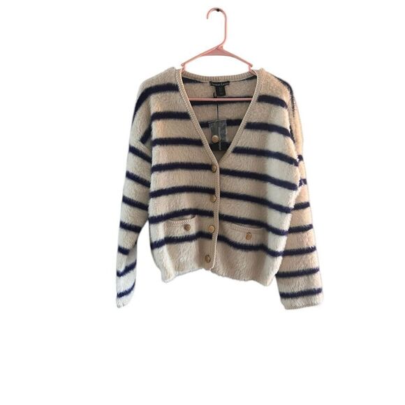 Christian Lactoix S oversized white blue striped soft and stretchy brushed yarn - Picture 2 of 10